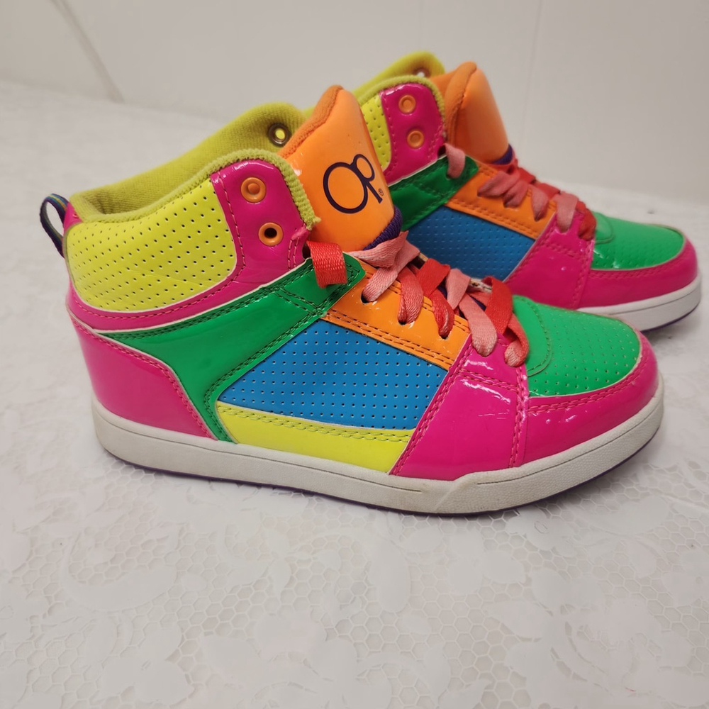 OP Ocean Pacific ggop240004 Neon Yellow Blue Pink High Top Athletic Sneakers Sz4